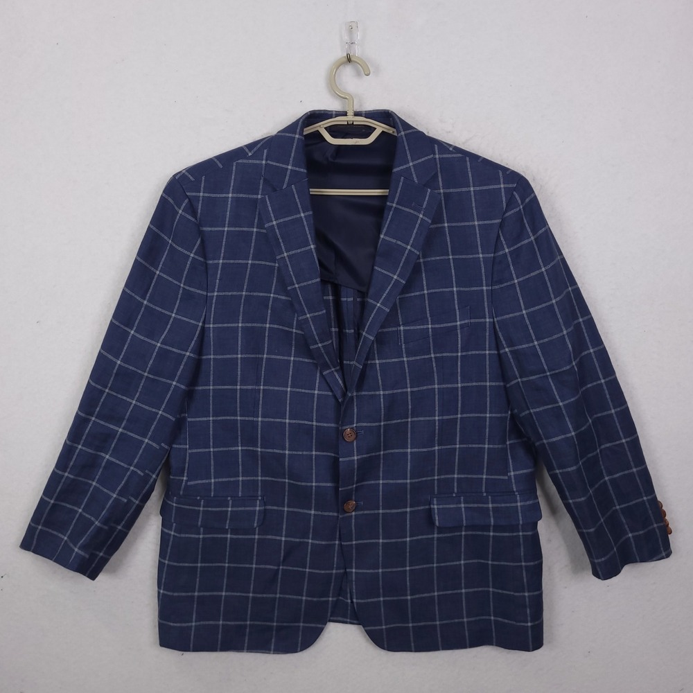Lauren Ralph Lauren Blazer Mens 44R Navy Blue Linen Windowpane Plaid Sport Coat